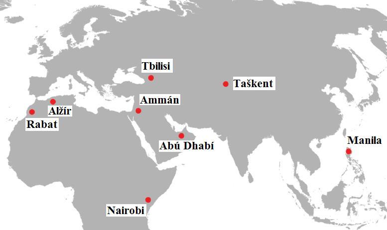 Obrázek 5. Geografické rozmístění stávajících šesti CoE (Manila, Taškent, Tbilisi, Ammán, Alžír, Rabat, Nairobi, Abú Dhabí).