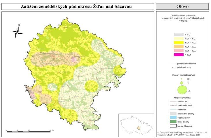 Obrázek č. 4: Zatížení zemědělských půd okresu Žďár nad Sázavou v roce 2017 obsah olova (Horní Rozsíčka Strážek).