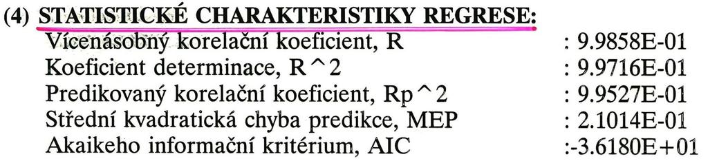 2. Kvalita dosažené těsnosti proložení a) Podle reziduálního rozptylu s(y). b) Podle regresního rabatu D (= koeficient determinace v %: čím více se blíží 100 %, tím lepší je proložení). 3.