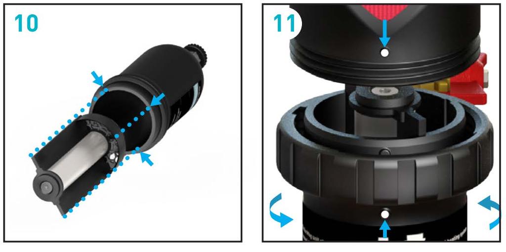 Výměna kartuše: Souhlasně vyrovnejte tři břity kartuše s drážkami v těle nádoby filtru (10).