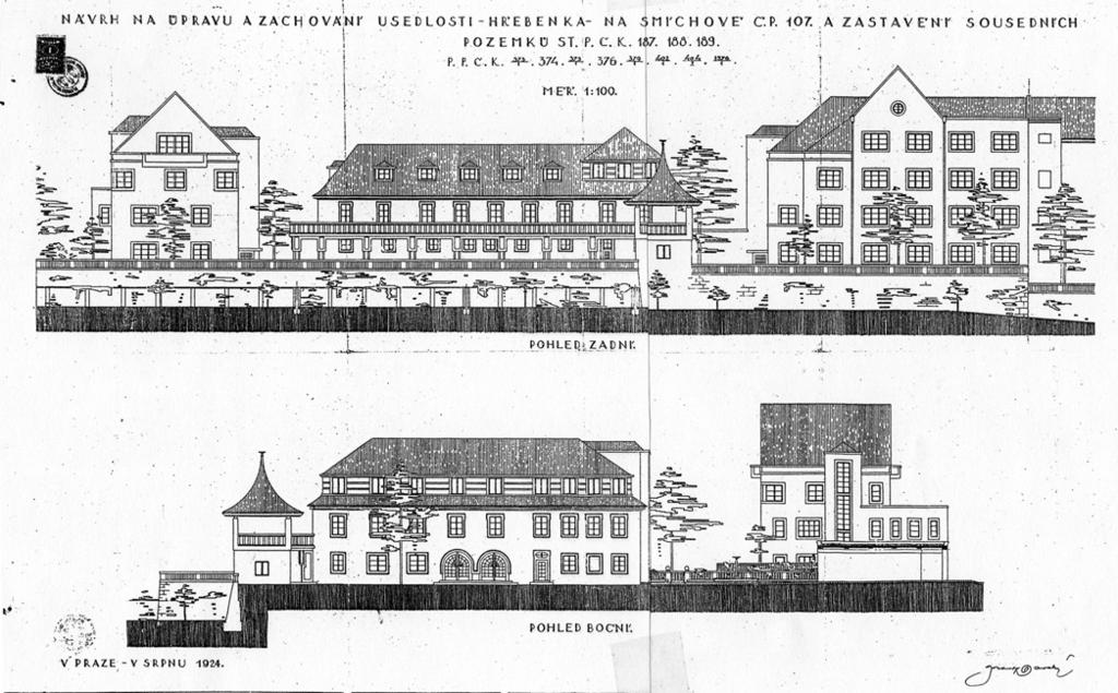 33: Hřebenka, první varianta projektu na rekonstrukci usedlosti jižní a východní průčelí (včetně nájemních domů po stranách), arch. F. Kavalír, 1924 (archív stavebního úřadu městské části Praha 5).