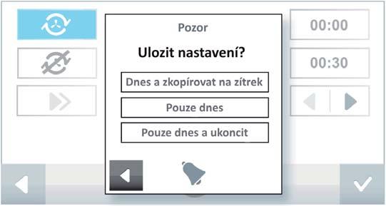 Nastavení - dotykem zvolíme vybrané místnos a potvrdíme symbolem Po potvrzení klikněte na obrázek ven látoru (ON) nebo na obrázek přeškrtnutého ven látoru (OFF) a nastavte časový program pro