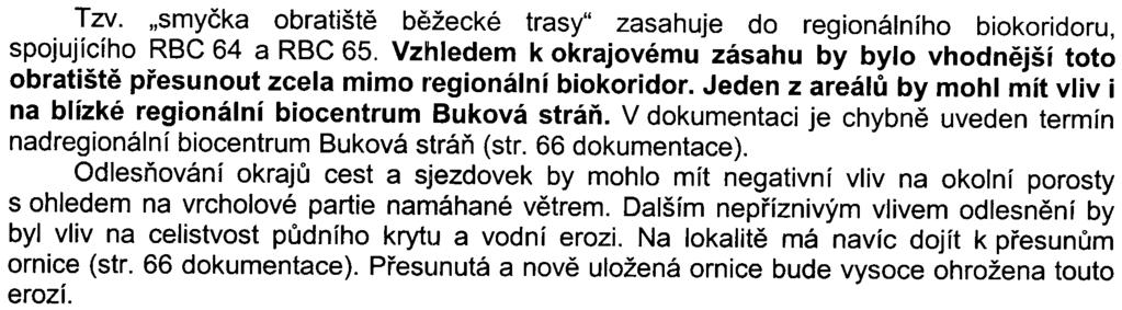 Tzv. "smyèka obratištì bìžecké trasy" zasahuje do regionálního biokoridoru, spojujícího RBC 64 a RBC 65.