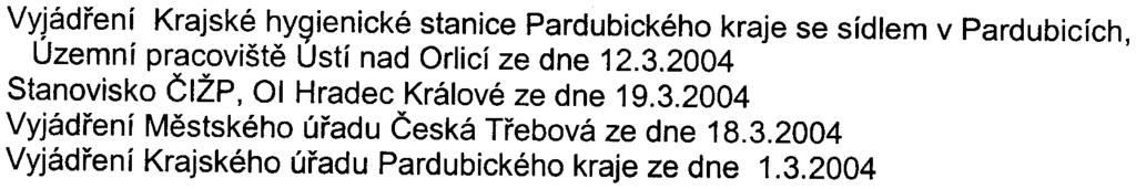 Praha Pøílohy: 2. 3. 4. VYjádøení Krajské hy~ienické stanice Pardubického kraje se sídlem v Pardubicích, Uzemní pracovištì Ustí nad Orlicí ze dne 12.3.2004 Stanovisko ÈIŽP, 01 Hradec Králové ze dne 19.