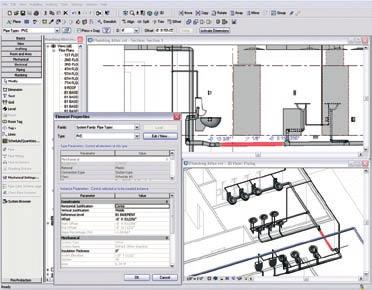 Modelování instalačních systémů Aplikace Revit MEP umožňuje plně parametrické 3D modelování instalačních systémů. Software při projektování instalace automaticky umisťuje všechny stoupačky a přechody.