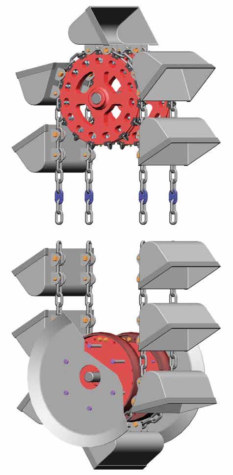 Řetězy pro korečkové elevátory Korečkové elevátory se systémem BHV Konvenční korečkový elevátor Kombinovaná vykládka Uchycení korečků do zadní stěny Korečkový elevátor s centrální vykládkou