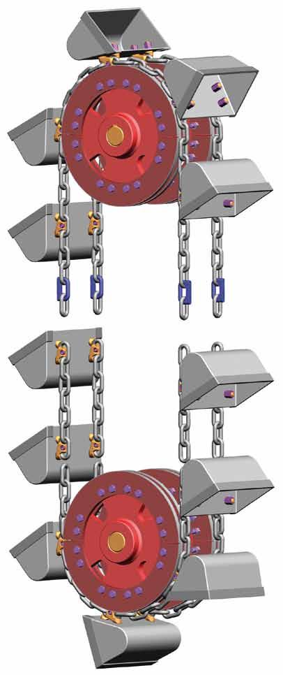 Řetězy pro korečkové elevátory Korečkové elevátory se systémem BDS-S/BDS Konvenční korečkový elevátor Kombinovaná vykládka Uchycení korečků do zadní stěny Korečkový elevátor s centrální vykládkou