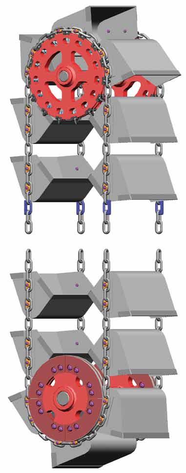 spektra materiálů, které jsou problematické při vysypávání. Systém obsahuje dlouho-článkové řetězy kruhového profilu, řetězová kola s výměnnými a nastavitelnými zuby a hladká segmentová kola.