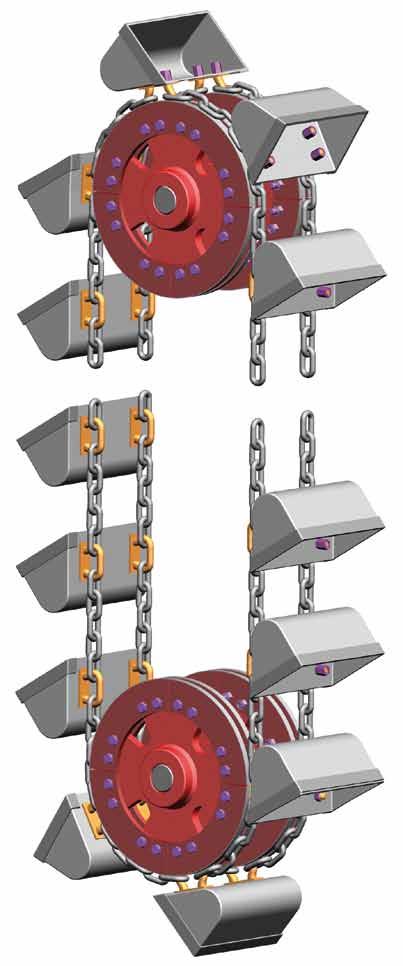 Řetězy pro korečkové elevátory Korečkové elevátory s řetězovými úseky a třmeny Konvenční korečkový elevátor Kombinovaná vykládka Uchycení korečků do zadní stěny