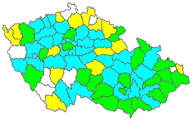 Obr. 1 Poměr výskytů virových zakrslostí (BYDV a WDV) v jednotlivých okresech v letech 2005 2012 Vysvětlivky: Zeleně poměr zjištěných výskytů BYDV a WDV je vyrovnaný Modře převažuje prokázaný vyšší