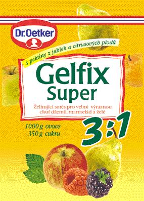 Ovoce spoleãnû s Kyselinou citronovou dejte do hrnce. NaváÏenou dávku cukru nebo sladidla smíchejte se Ïelírovacím pfiípravkem Gelfix Super 3:1 a pfiisypte k ovocné smûsi.