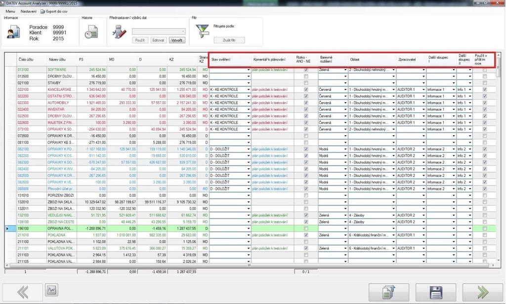 naimportovaných datech prostřednictvím Přeúčtování v DATEV AUDIT, lze v aplikaci DATEV Account Analyzer zobrazit položkově porovnání jednotlivých verzí