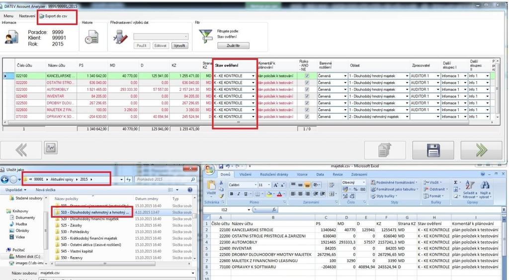 Dle všech nastavených parametrů lze data filtrovat a vytvářet vlastní podklady, které lze exportovat do csv formátů a ukládat přímo do Spisu