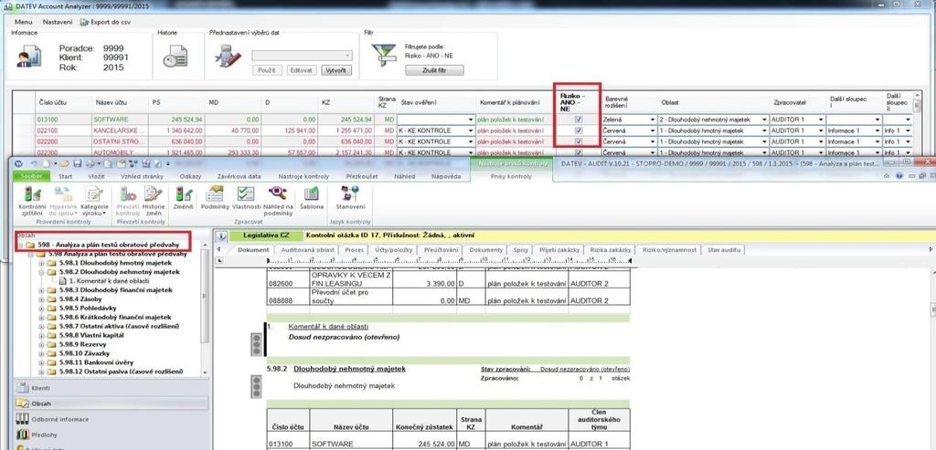 Dokladování vytipovaných položek v dokumentaci v části plánování: Z aplikace DATEV Account Analyzer je nastaven automatický přenos hodnot do
