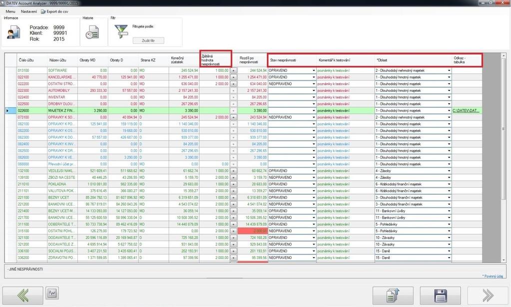 4. Dokladování vytipovaných položek v dokumentaci v části testování: V druhé části aplikace DATEV Account Analyzer je možné k vytipovaným rizikovým položkám