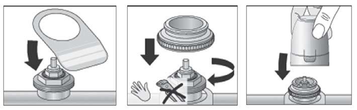 5) Montážní postup: a) Instalace: Odtrhněte štítek z obalu a navlékněte jej na tělo termostatického ventilu. Na termostatický ventil našroubujte spojovací díl (redukci) a ručně ji dotáhněte.
