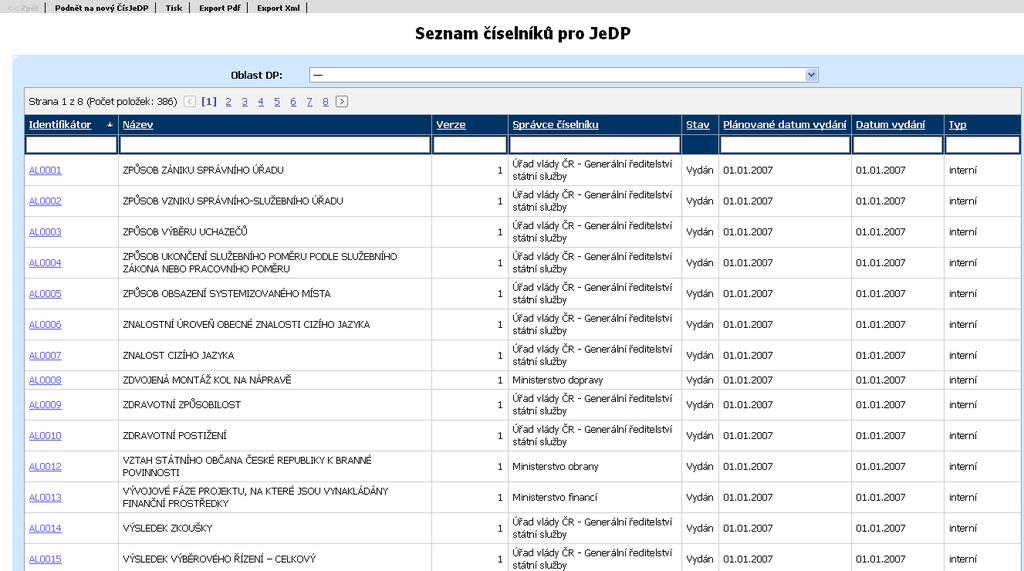 10 Seznam číselníků pro JeDP Seznam se zobrazí po kliknutí na odkaz Seznam číselníků pro JeDP v levém menu.