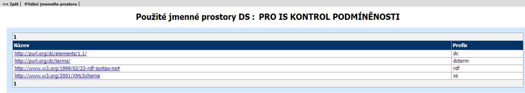 13.1.8 Seznam jmenných prostorů DS Zobrazí se po kliknutí na odkaz Použité jmenné prostory v detailu datového slovníku.