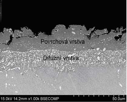 Na rozhraní alitosilitovaná vrstva-substrát (tj. základní materiál ŽS6K) se při delší teplotní expozici ve směru difúzního toku vyskytují částice jehlicovité morfologie do hloubky menší než 2 µm.