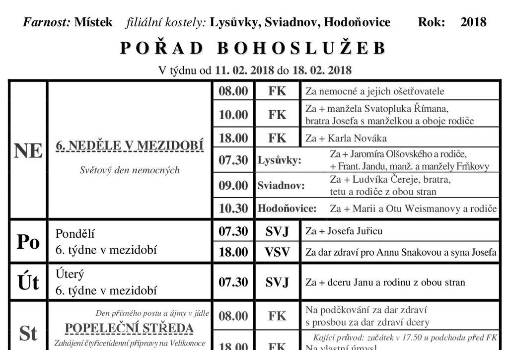 11. 02. 2018 Bohoslužba slova evangelium a homilie Katecheze papeže Františka na gen. audienci, aula Pavla VI., 07. 02. 2018 Drazí bratři a sestry, dobrý den!