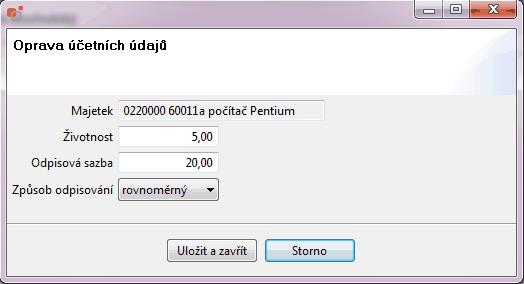 26 8 Změna údajů pro účetní odpisy Nabídka slouží pro změnu doby odepisování a změnu vyřazovací ceny majetku. 8.1 Oprava účetních údajů V seznamu majetku se postavíme na požadovaný majetek, stiskneme tlačítko Akce a vybereme Změna údajů pro účetní odpisy.