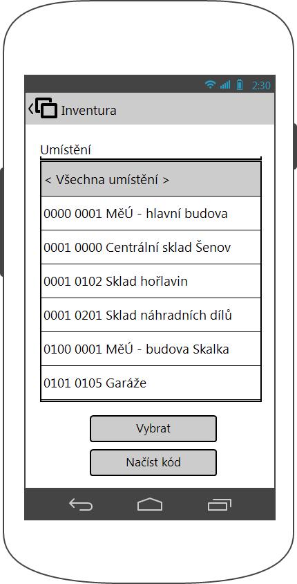 38 Výběr umístění pomocí kódu Každé umístění může mít štítek s vlastním QR kódem. Uživatel následně může vybrat umístění pro inventarizaci tak, že si QR kód naskenuje pomocí tlačítka Načíst kód.