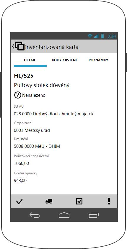 40 Detail Tato záložka obsahuje nejdůležitější údaje z inventarizované karty. Pokud je údajů více, posuňte si obrazovku dotykem - přejetím prstem dolů.