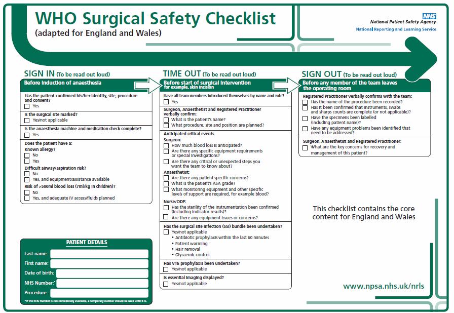 Použití kontrolního seznamu (checklist -u) Checklist WHO zvyšuje compliance dobrých praktik