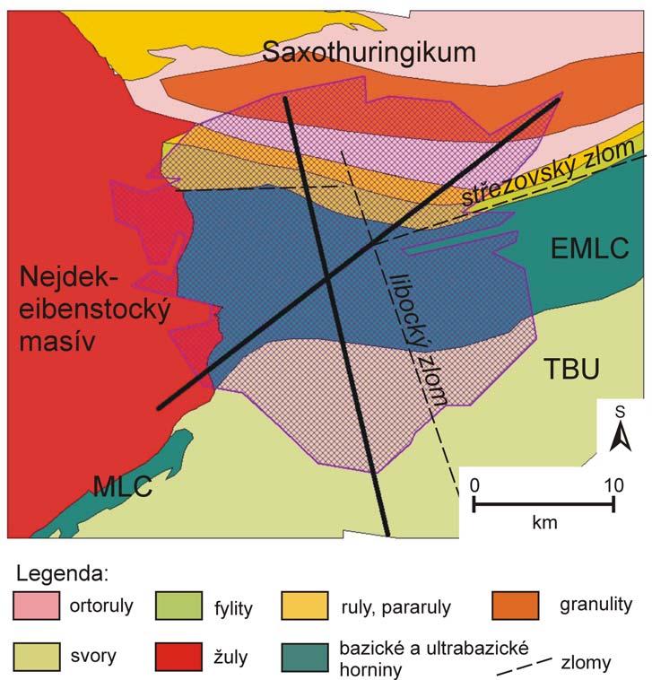 Obr. 3 Geologické schéma krystalinika v podloží vulkanického komplexu Doupovských hor s vyznačením seismických profilů. Technická realizace profilových měření.