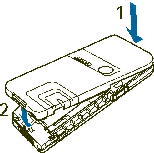 Vyrovnejte vr¹ek zadního krytu s vr¹kem telefonu (1) a stisknutím spodku zadního krytu jej zajistìte na místo (2).