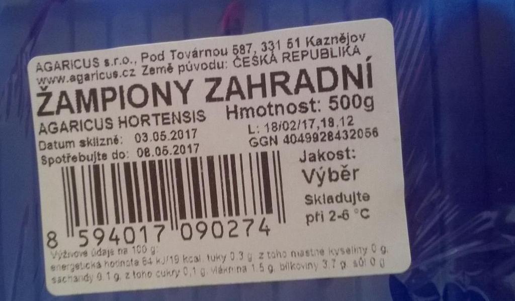 PŘÍKLAD SPRÁVNÉHO OZNAČENÍ ČERSTVÝCH HUB Jméno PPP, pod jehož jménem je potravina uváděna na trh Země