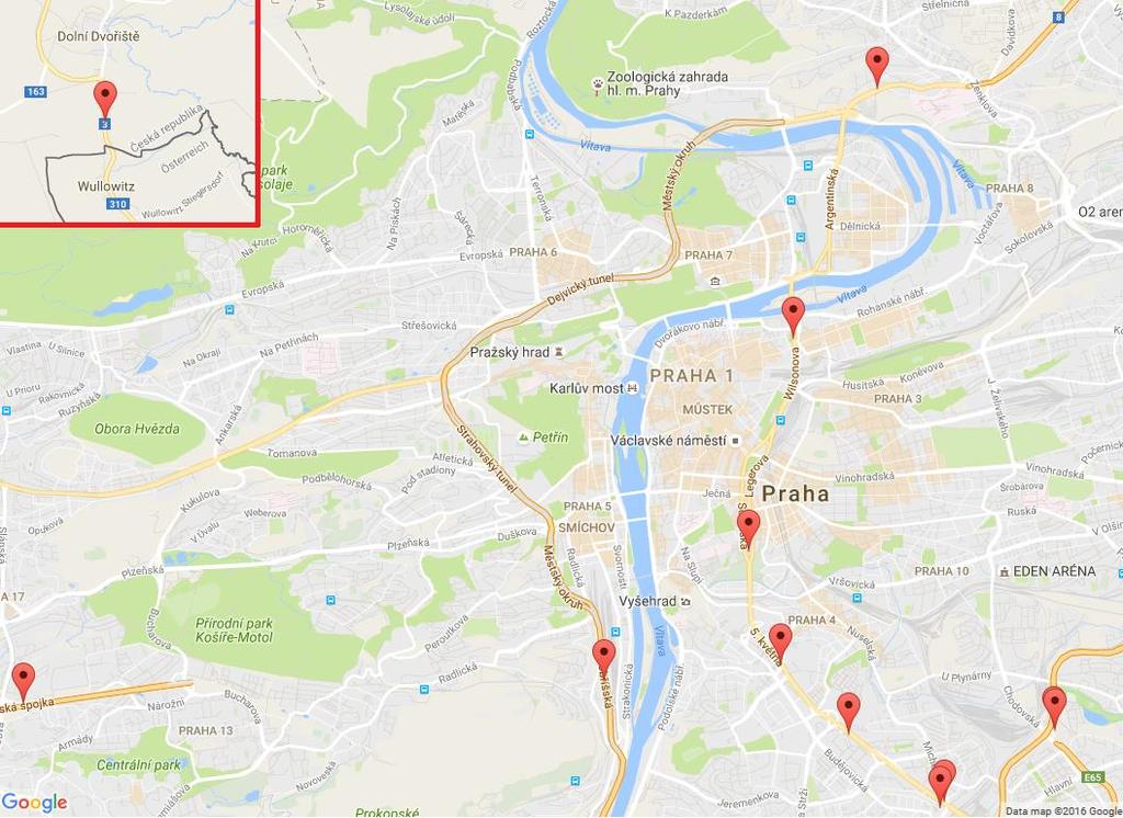 Fig. 3 Locations of LED AE (google.com/maps) For closer localization in Prague, the numbering of sections and transport nodes of roads was used by their administrator Technická správa komunikací hl.