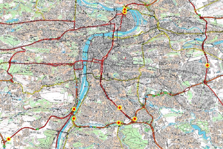 Fig. 4 Localities in area of Prague Addition to the 30 target localities was made by selecting locations on the roads belonging to or replacing the TEN-T network.