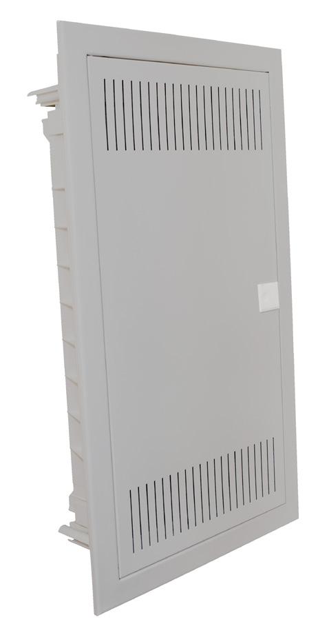 Rozvodnice pro montáž pod omítku Splňují požadavky ČSN EN 62208 Jmenovitý proud do 63 A Stupeň ochrany IP30 1 až 5 řad Plechové dveře s perforací pro odvod tepla Bílá (RAL 9016) barva dveří Snadná