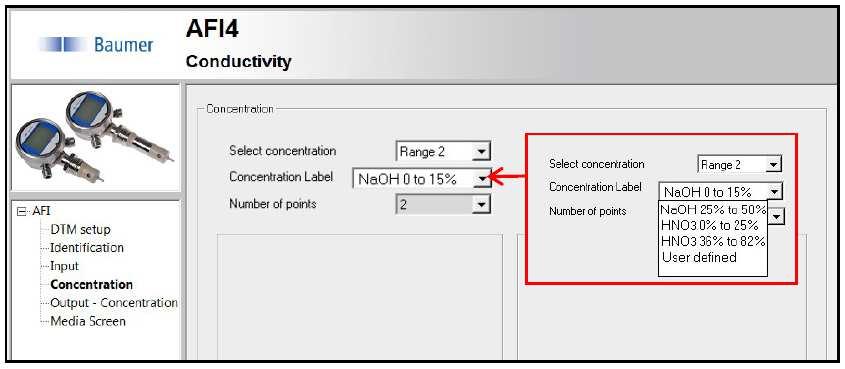 Stránka koncentrace Concentration K dispozici jsou 4 volitelná média, pro která jsou kalibrační křivky zadány z výroby NaOH