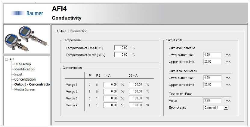 Stránka Output (pokud je na stránce DTM vybrána koncentrace). Nastavení rozsahu teploty výstupu 4 20 ma. Nastavení čtyř rozsahů koncentrace v % pro výstup 4 20 ma.