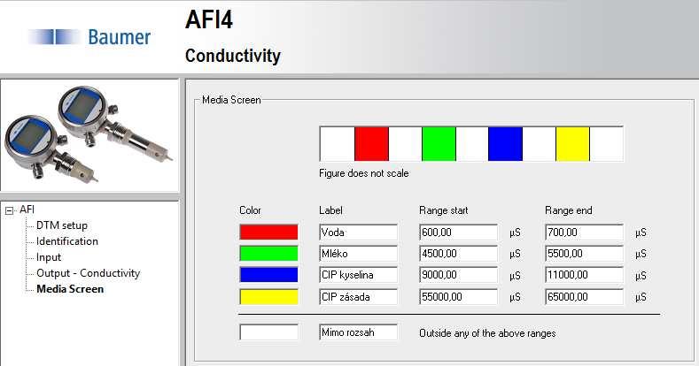 Stránka Media Screen Název měřeného média může být zapsán do pole "Label", např. Mléko. Rozsah média se zadává v následujících polích "Range start" a "Range end". Hodnoty se zadají v µs/cm.