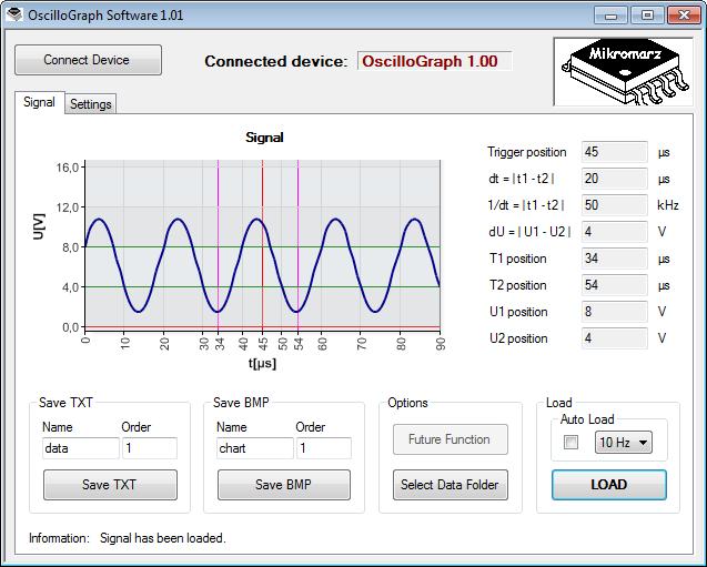 3 Softwarové vybavení Software umožňuje přenos a vizualizaci měřeného signálu a jeho parametrů prostřednictvím USB rozhraní a připojeného počítače.