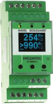 DC aplikace Hlídač izolačního stavu ISOLGUARD HIG24VDC Hlídač izolačního stavu z produkce fi rmy HAKEL typ ISOLGUARD HIG24VDC je určen k monitorování izolačního stavu stejnosměrných IT soustav s