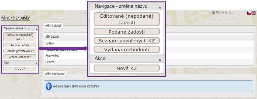 Modul Klinické zkoušky v RZPRO/Hlavní menu 5 Hlavní menu modulu KZ Seznamy pro vyhledávání: Editované