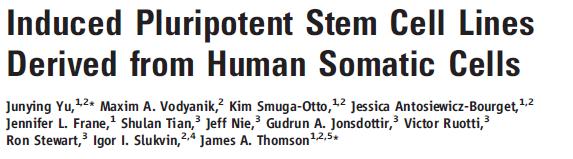 4 geny : Oct4, Sox2, Nanog, Lin28 lentivirové vektory (náhodná integrace, nádorová transformace buněk, nekontrolovaná exprese) přeprogramování kožní