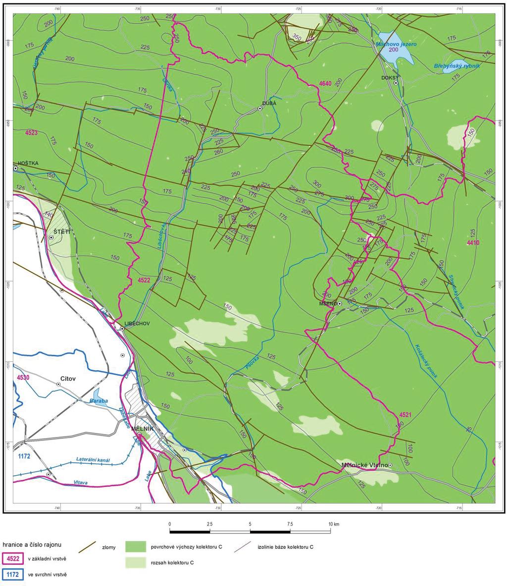 Rebilance zásob podzemních vod Obr. 4-5. Rozsah kolektoru C s izoliniemi báze kolektoru C (m n.