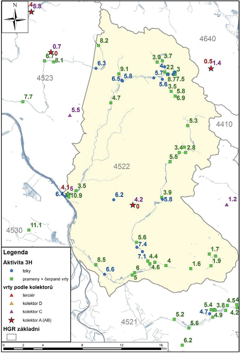 Obr. 4-25. Aktivita tritia v pramenech, tocích a vrtech v rajonu křída Pšovky a Liběchovky (rajon 4522).