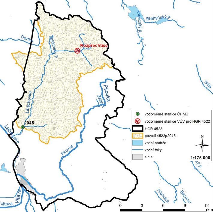 Obr. 6-1. Lokalizace zájmové oblasti s polohou relevantních vodoměrných stanic ČHMÚ.