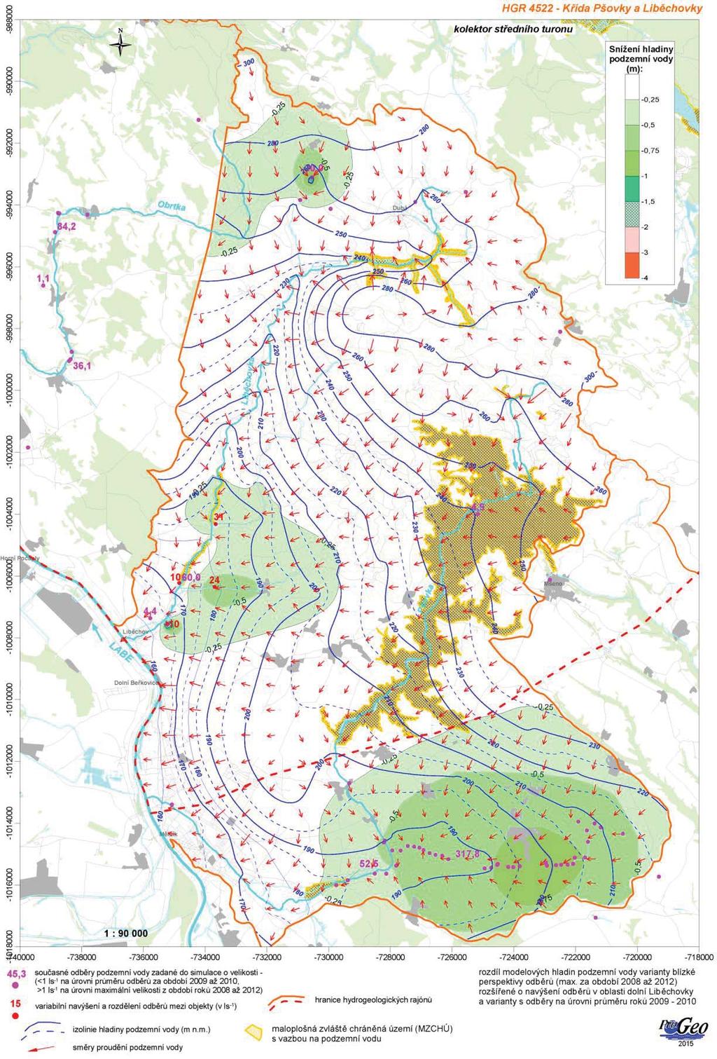 Obr. 6-22 Modelová hladina podzemní vody při