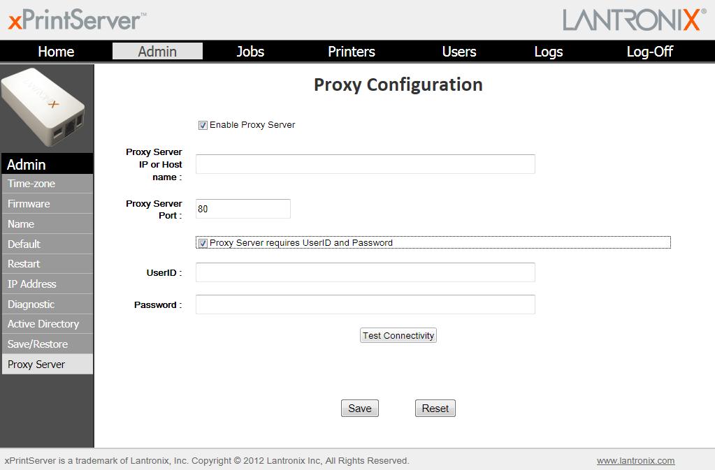 Podpora internetového připojení přes Proxy Server Nastavení proxy serveru pro přístup přes internet Zadání proxy serveru a portu, včetně těch, které vyžadují