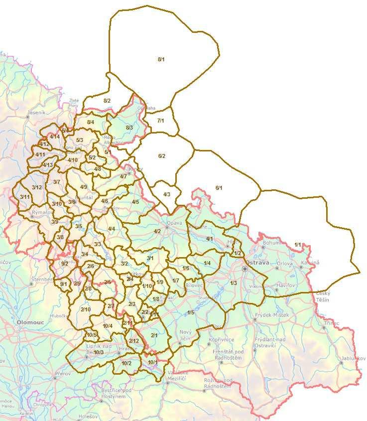 Supervizuální krajinné celky řešeného území v Moravskoslezském kraji Přehledné schéma SvC vymezených v záměrech dotčeným území v západní části MSK Ve viditelnosti záměrů dotčeném území byly vymezeny