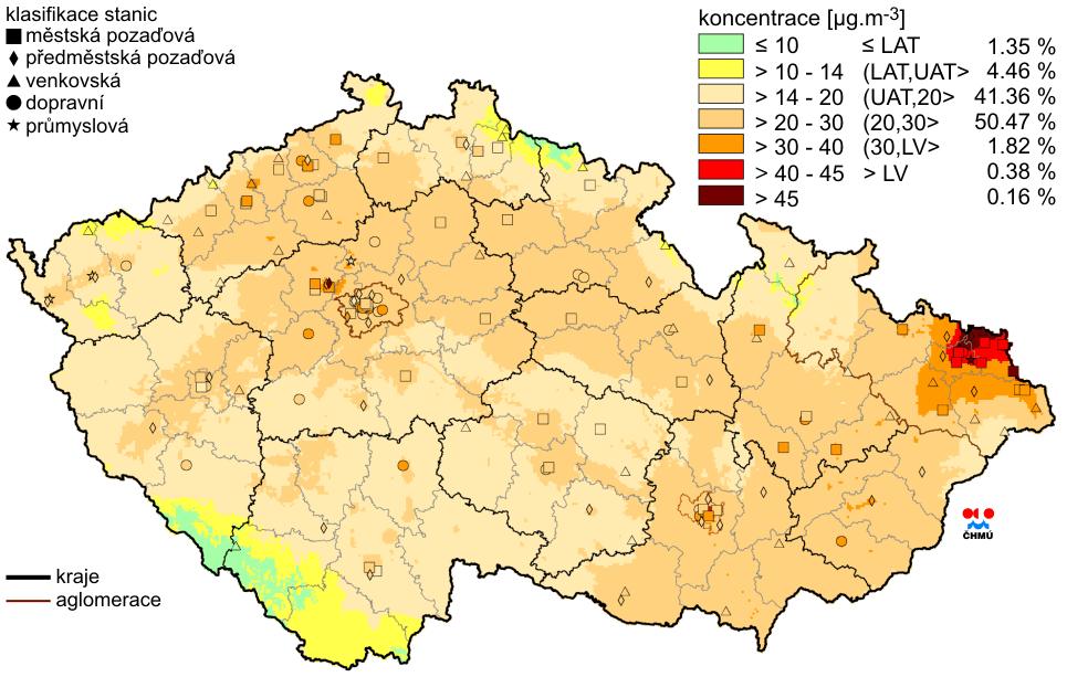 Mapa ENV 1-2: Pole roční průměrné koncentrace PM 10 v ČR v roce 2009