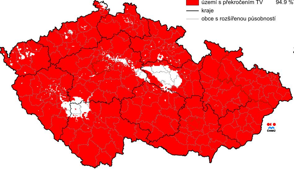 Mapa ENV1-6 Vyznačení oblastí se zhoršenou kvalitou ovzduší vzhledem k cílovým imisním limitům pro ochranu zdraví se zahrnutím přízemního ozonu (2008) (Zdroj: http://old.chmi.