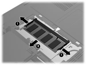 8. Sejměte kryt pevného disku (2) z počítače. 9. Vyjměte stávající paměťový modul: a. Odtáhněte pojistné svorky (1) na obou stranách paměťového modulu. Paměťový modul se nakloní nahoru.